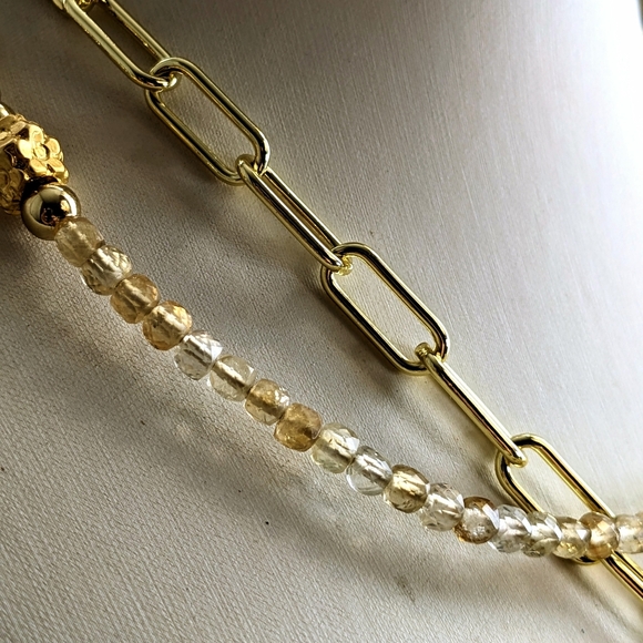 Natural Citrine And Gold Beads In Long Two Strand Gold Paperclip Necklace - Picture 6 of 12